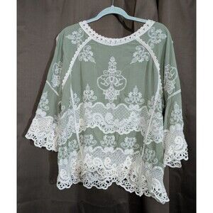 Democracy Boho Embroidered Crochet Lace Top Sage Green Bell Sleeve Womens 1X